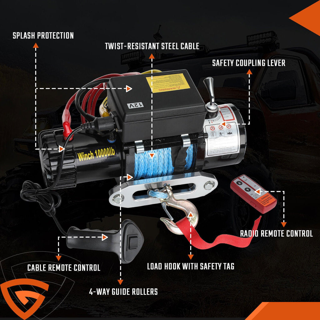 Electric Winch Truck 10,000 lb Synthetic Rope Remote Control Off-Road 4WD Kit-