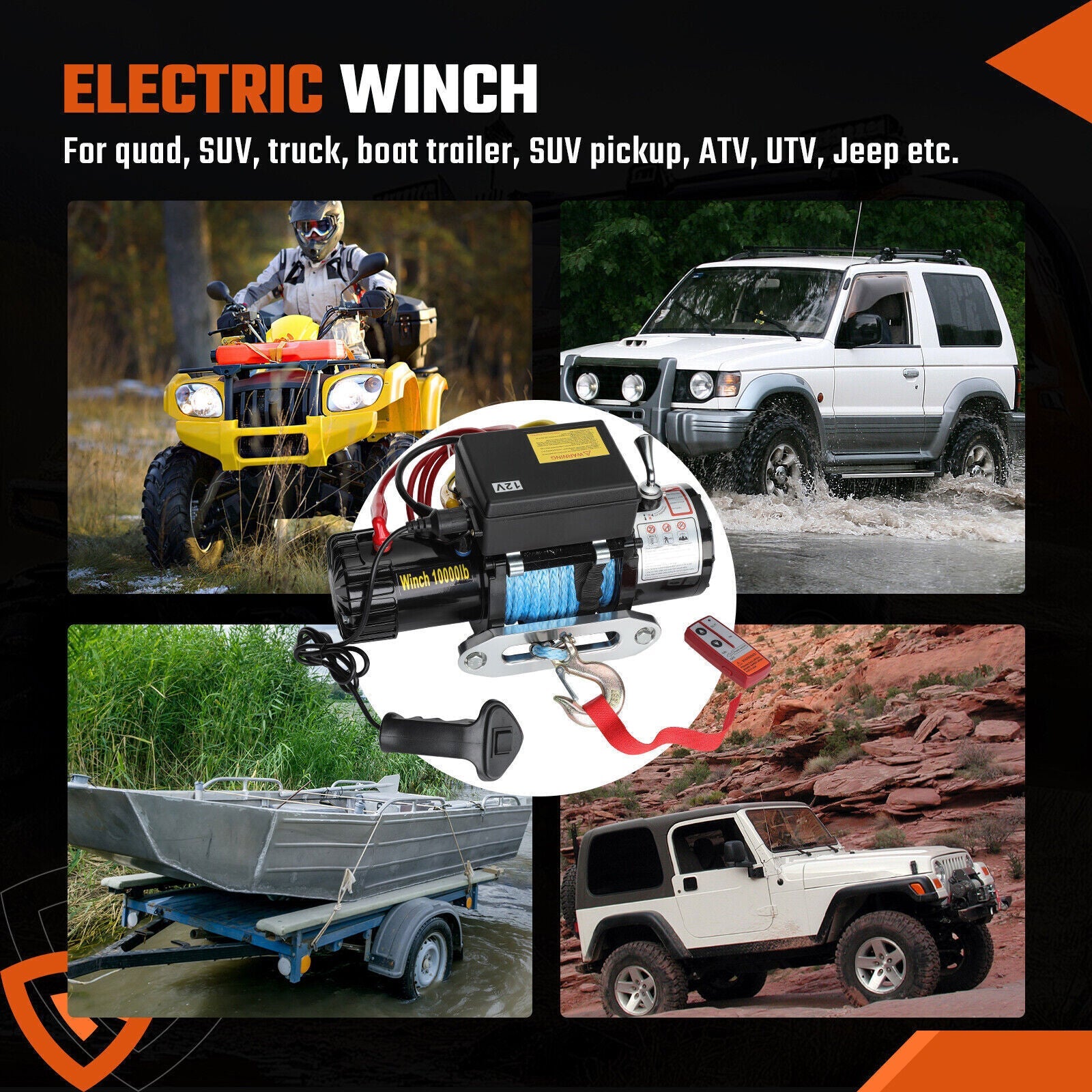 Electric Winch Truck 10,000 lb Synthetic Rope Remote Control Off-Road 4WD Kit-