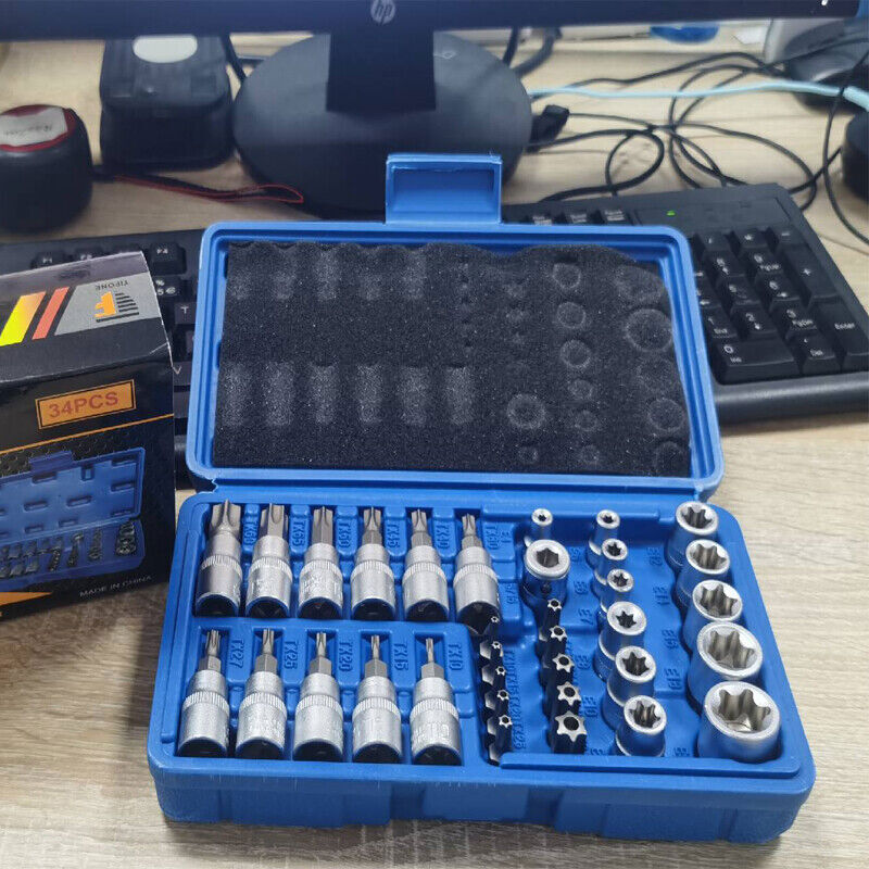 34pcs Torx Star Sockets & Bit Set for Male Female E-torx Security Bits 3/8 Drive