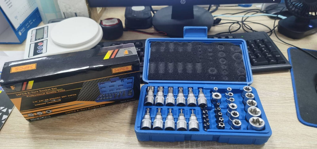 34pcs Torx Star Sockets & Bit Set for Male Female E-torx Security Bits 3/8 Drive