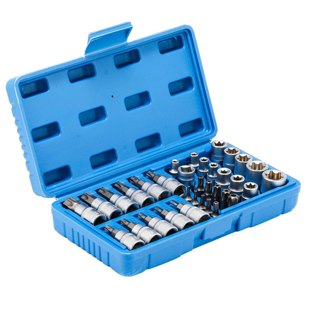 34pcs Torx Star Sockets & Bit Set for Male Female E-torx Security Bits 3/8 Drive