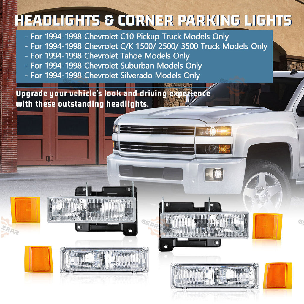 For 1994-1998 Chevy Silverado C10 C/K 1500 2500 3500 Headlights w/Bumper Lamp
