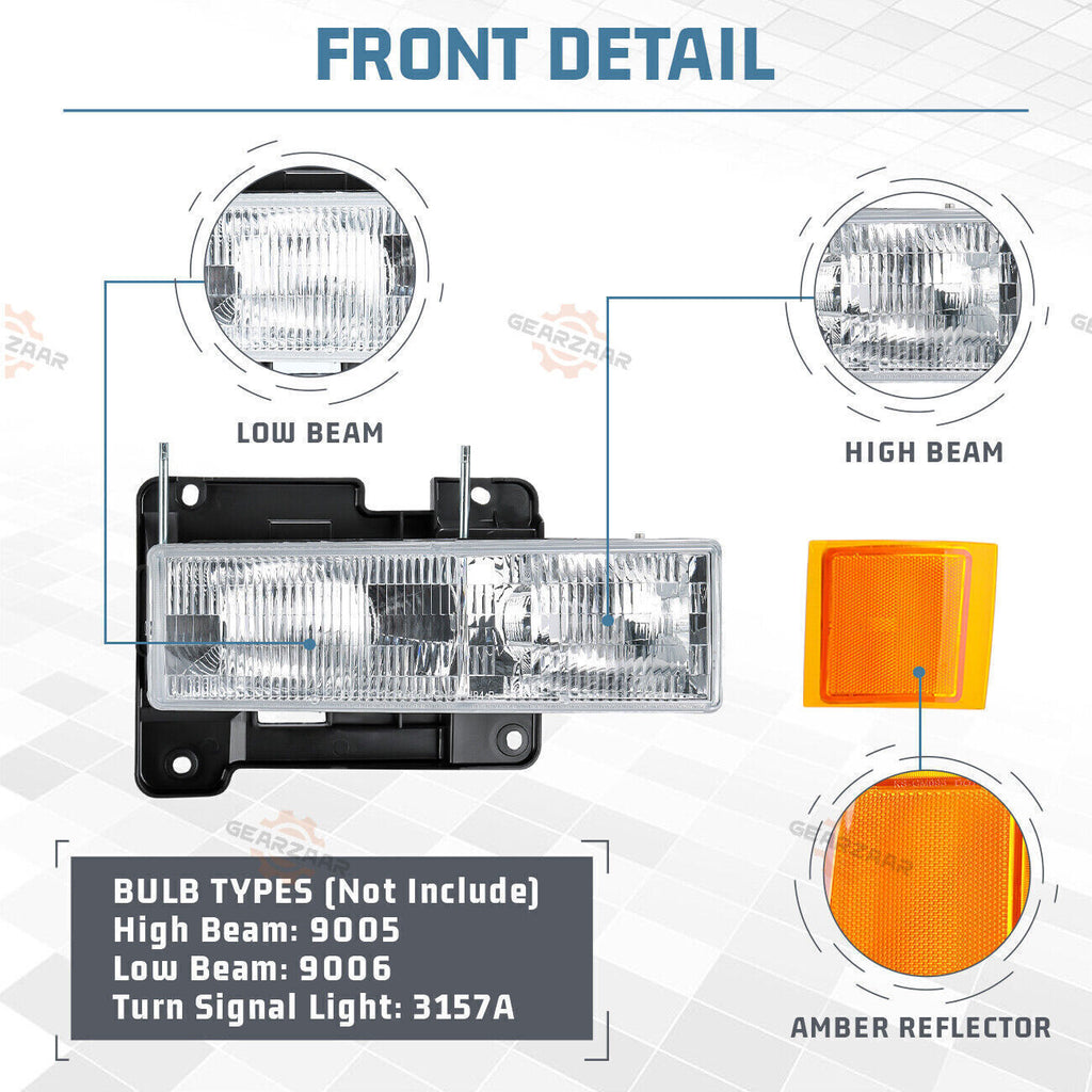 For 1994-1998 Chevy Silverado C10 C/K 1500 2500 3500 Headlights w/Bumper Lamp