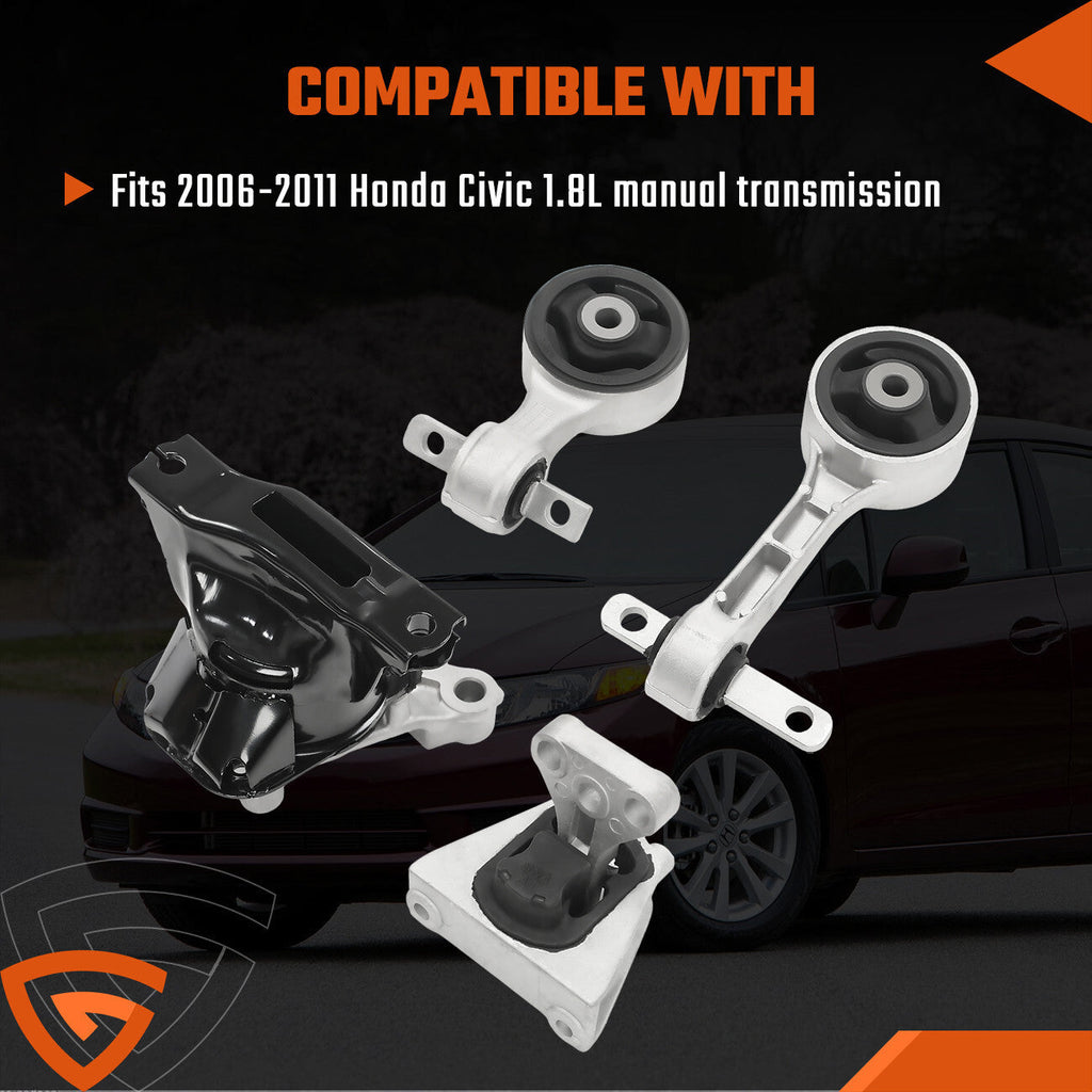 4Pcs Transmission Engine Motor Mount Fit 2006-2011 Honda Civic 1.8L For Manual
