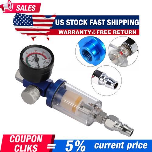 1/4" Spray Gun & In-Line Water Trap Filter Tool Air Pressure Regulator Gauge