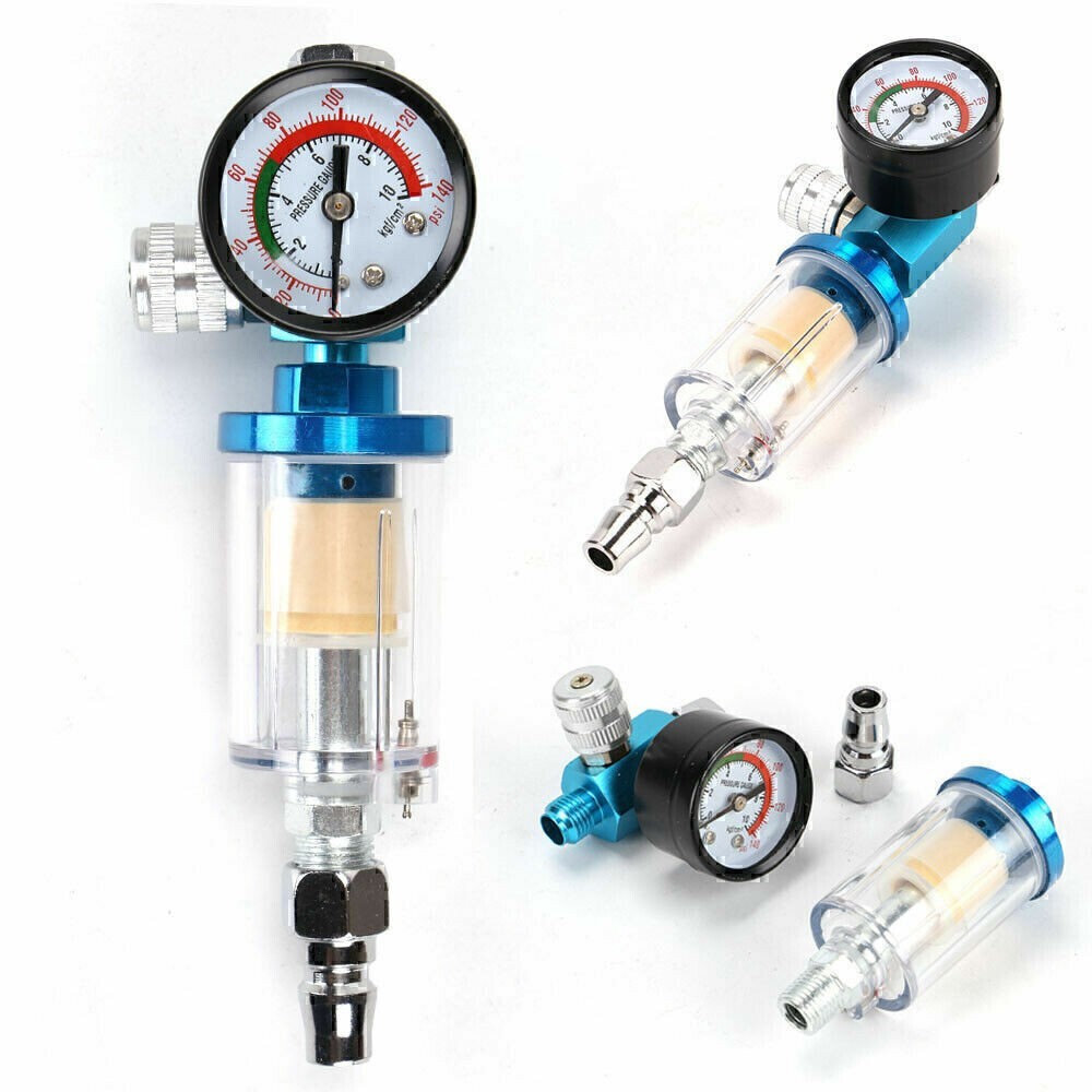 1/4" Spray Gun & In-Line Water Trap Filter Tool Air Pressure Regulator Gauge