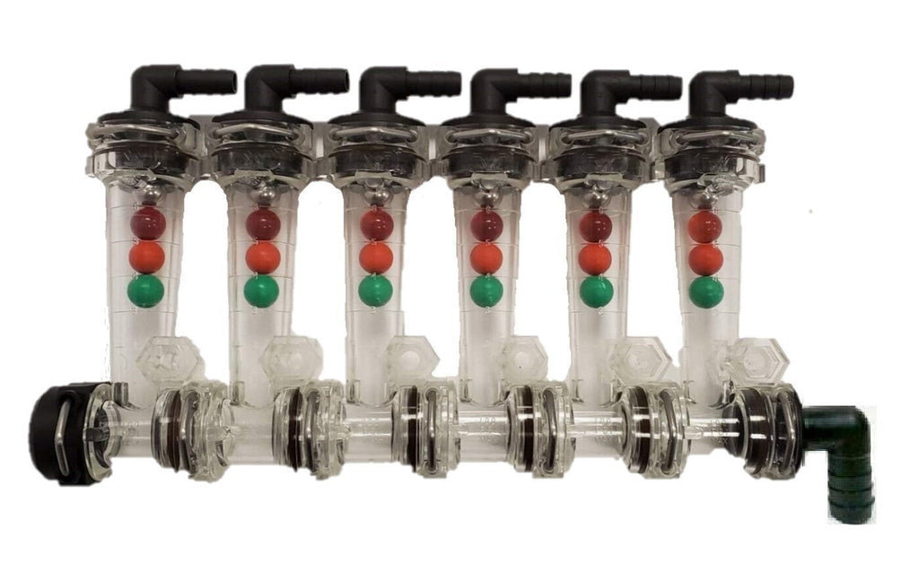 Wilger 6 Column Flow Indicator 3/8" 90° Outlets & 3/4" 90° Inlet w/ Viton Seals