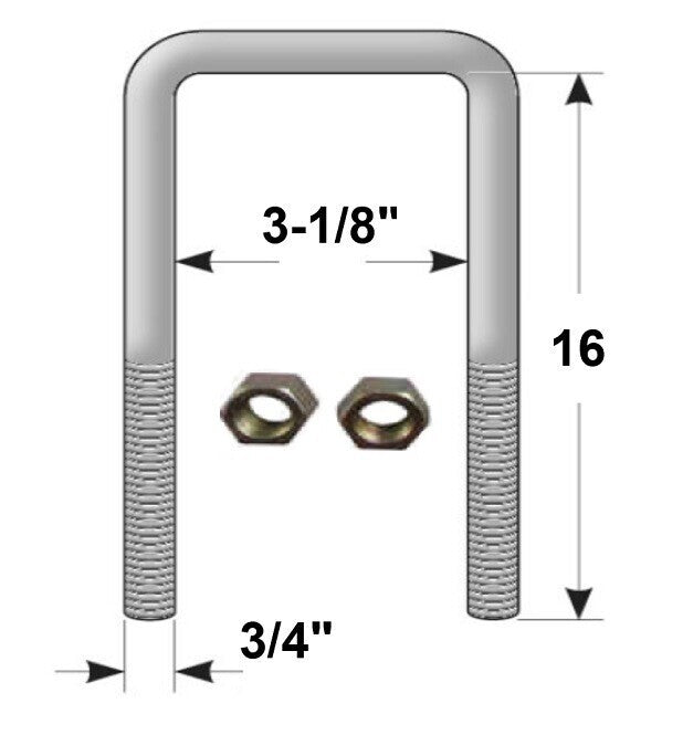 Square U-Bolt 3/4" Thick x 3-1/8" ID x 16" Long w/ Zinc Plated Nuts S181