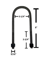 Round U-Bolt 9/16" Thick x 3-1/4" ID x 8" Long w/ Zinc Plated Nuts R250