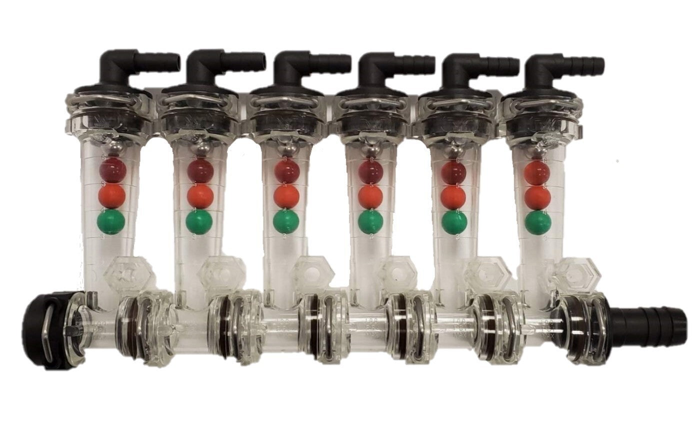 Wilger 6 Column Flow Indicator w/ 3/8" 90° Outlets & 3/4" Straight Inlet 20460-6