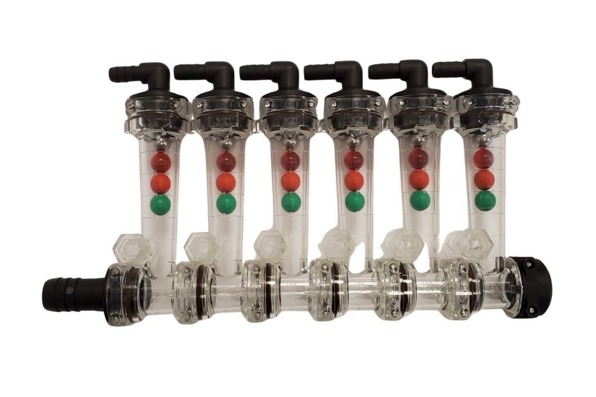 Wilger 6 Column Flow Indicator w/ 3/8" 90° Outlets & 3/4" Straight Inlet 20460-6