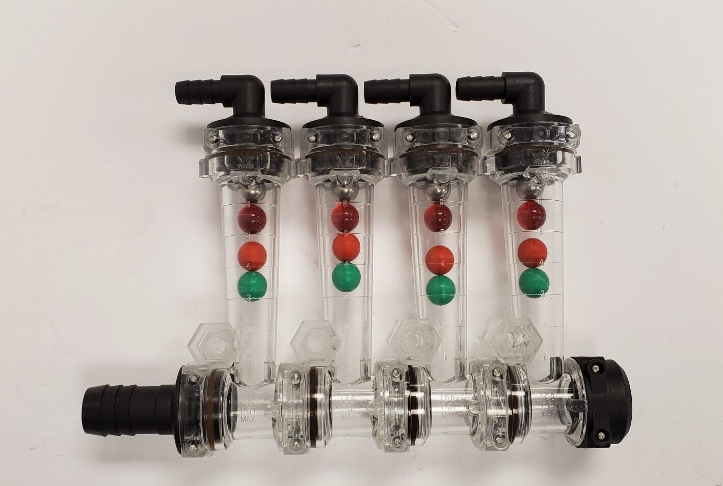 Wilger 4 Column Flow Indicator w/ 3/8" 90° Outlets & 3/4" Straight Inlet 20460-4
