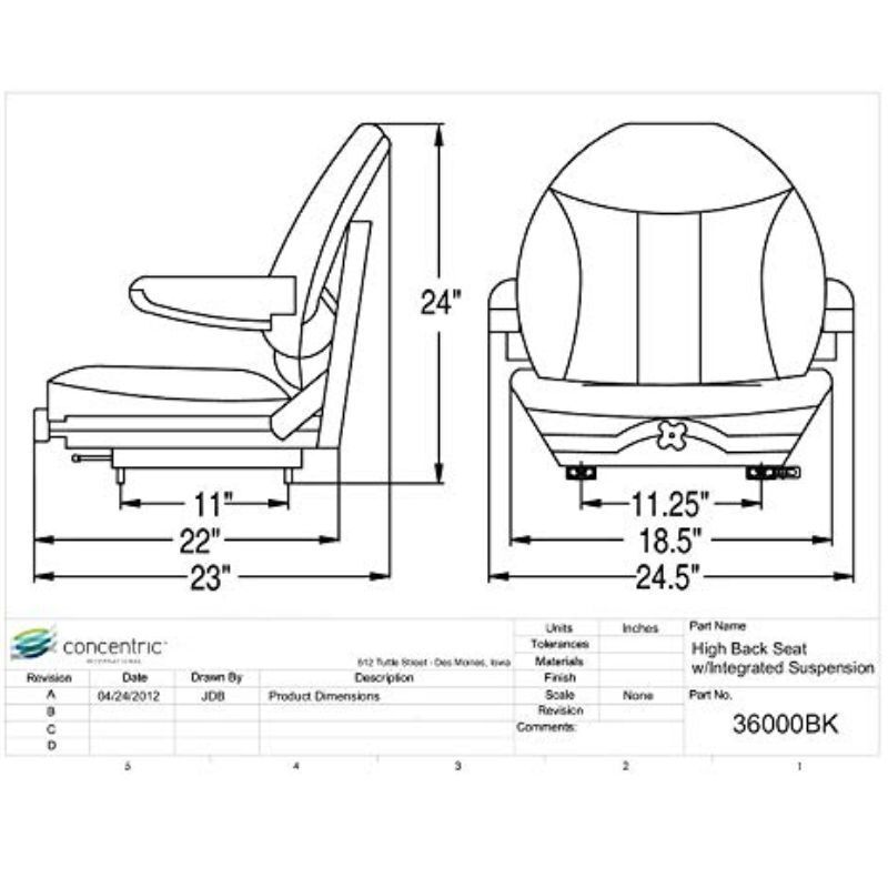 Tractor & Industrial High Back Seat with Integrated Suspension & Armrests