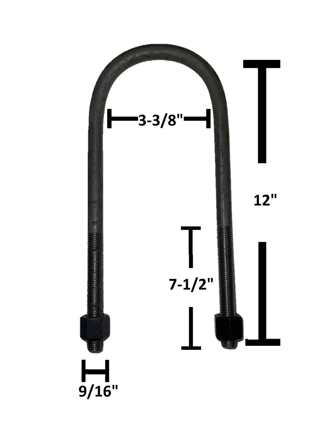 Round U-Bolt 9/16" Thick x 3-3/8" ID x 8" Long w/ Zinc Plated Nuts R252