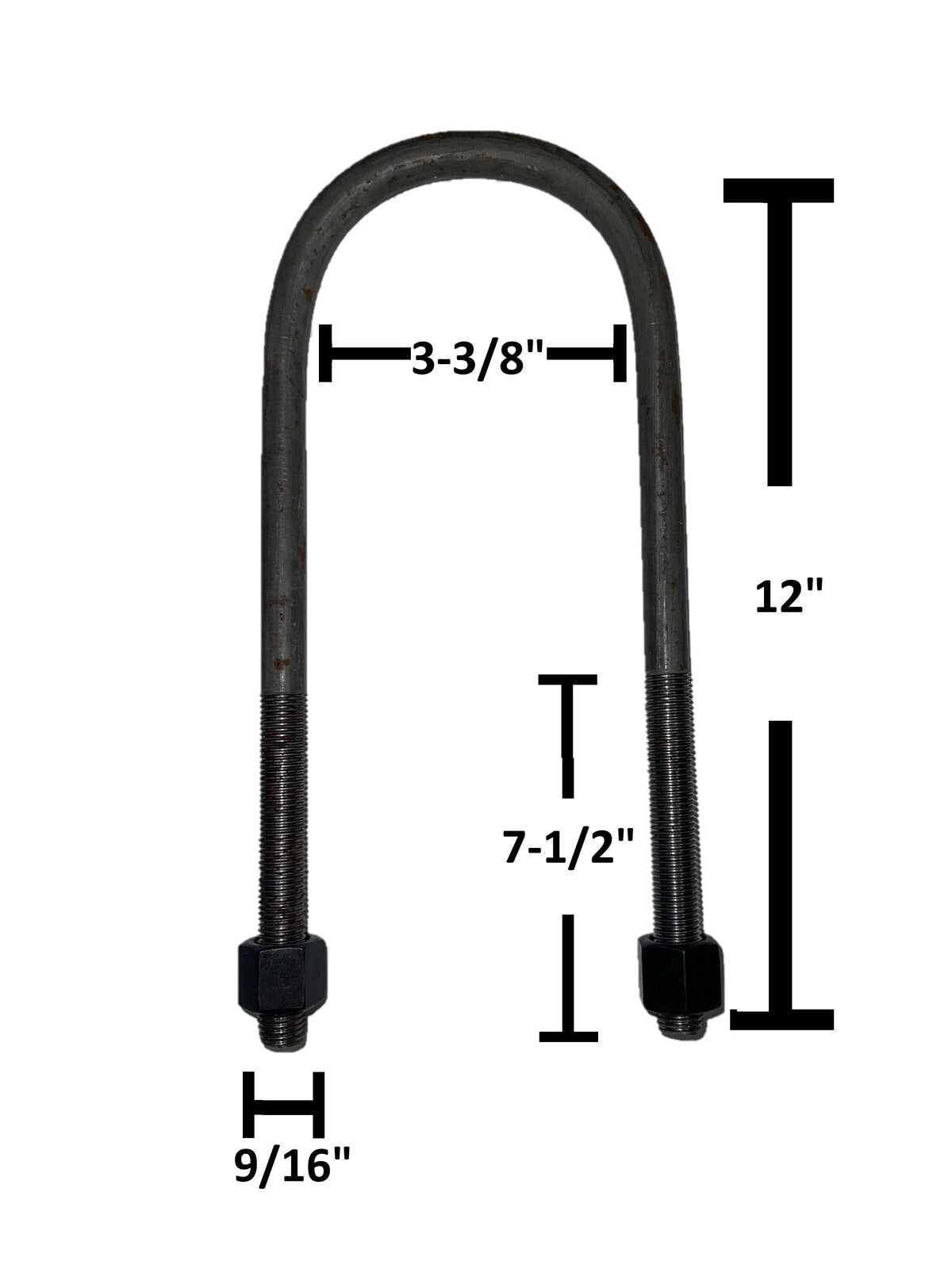 Round U-Bolt 9/16" Thick x 3-3/8" ID x 8" Long w/ Zinc Plated Nuts R252