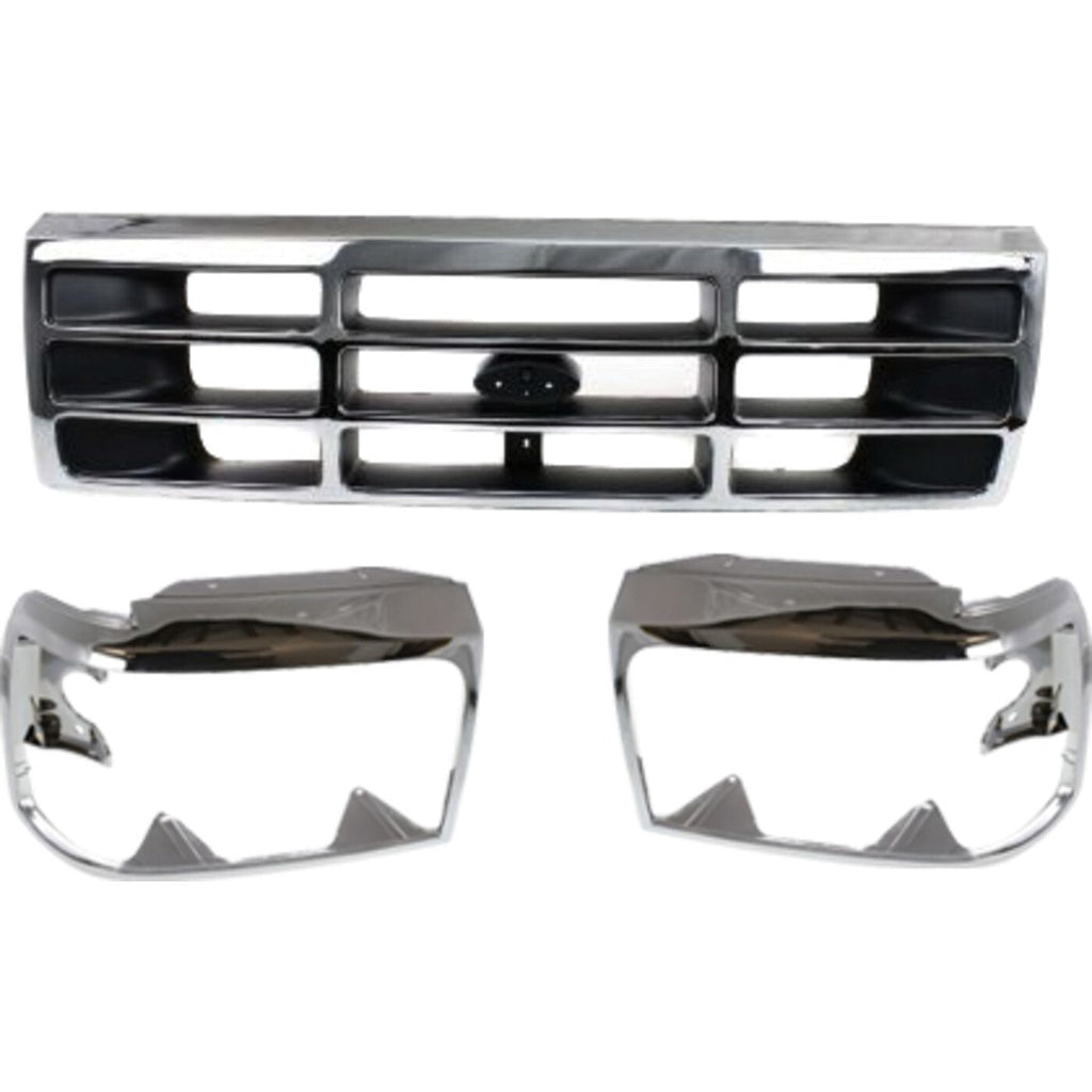 Grille Assembly Headlight Door Kit For 1992-1996 Ford F-150 Bronco Chrome Shell