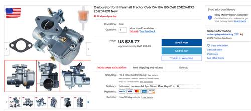 New Carburetor for IH Farmall Tractor Cub 154 184 185 C60 251234R92 251234R91