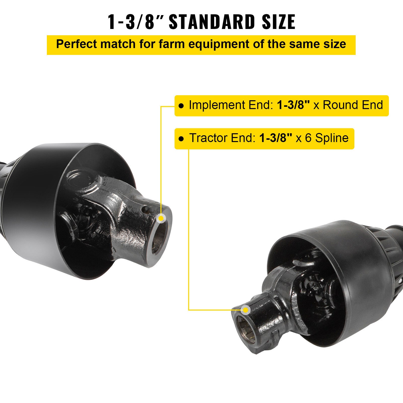 PTO Shaft PTO Driveshaft for Tractor 1-3/8" Spline/Round Ends 39-55" Black