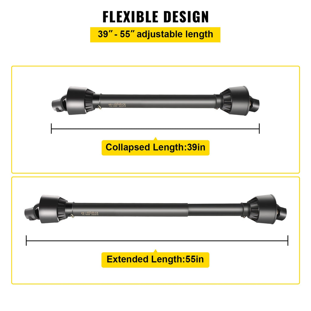 PTO Shaft PTO Driveshaft for Tractor 1-3/8" Spline/Round Ends 39-55" Black