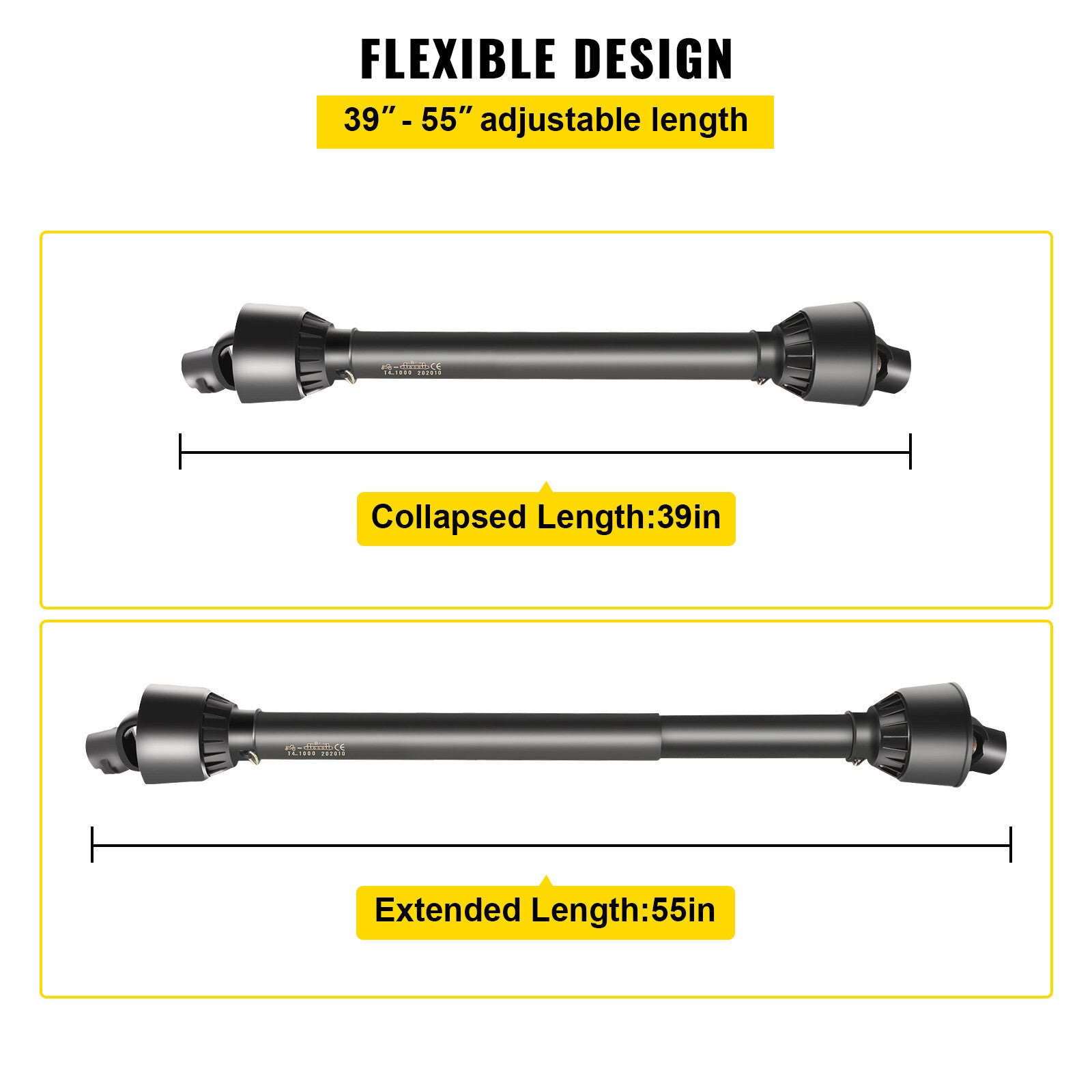PTO Shaft PTO Driveshaft for Tractor 1-3/8" Spline/Round Ends 39-55" Black