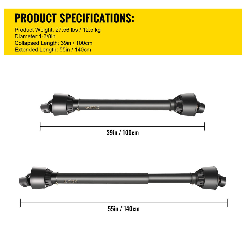 PTO Shaft PTO Driveshaft for Tractor 1-3/8" Spline/Round Ends 39-55" Black
