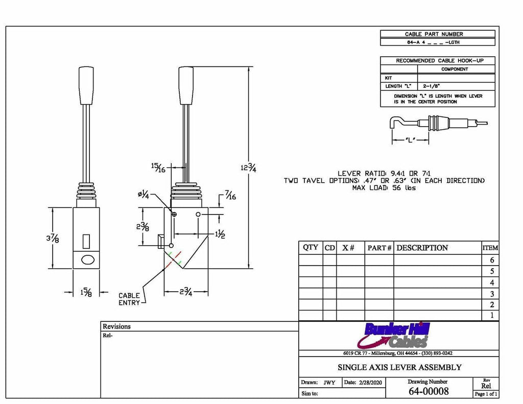 Cable Control Lever, For Remote Hydraulic Valves, Single Axis, Spring Centered,