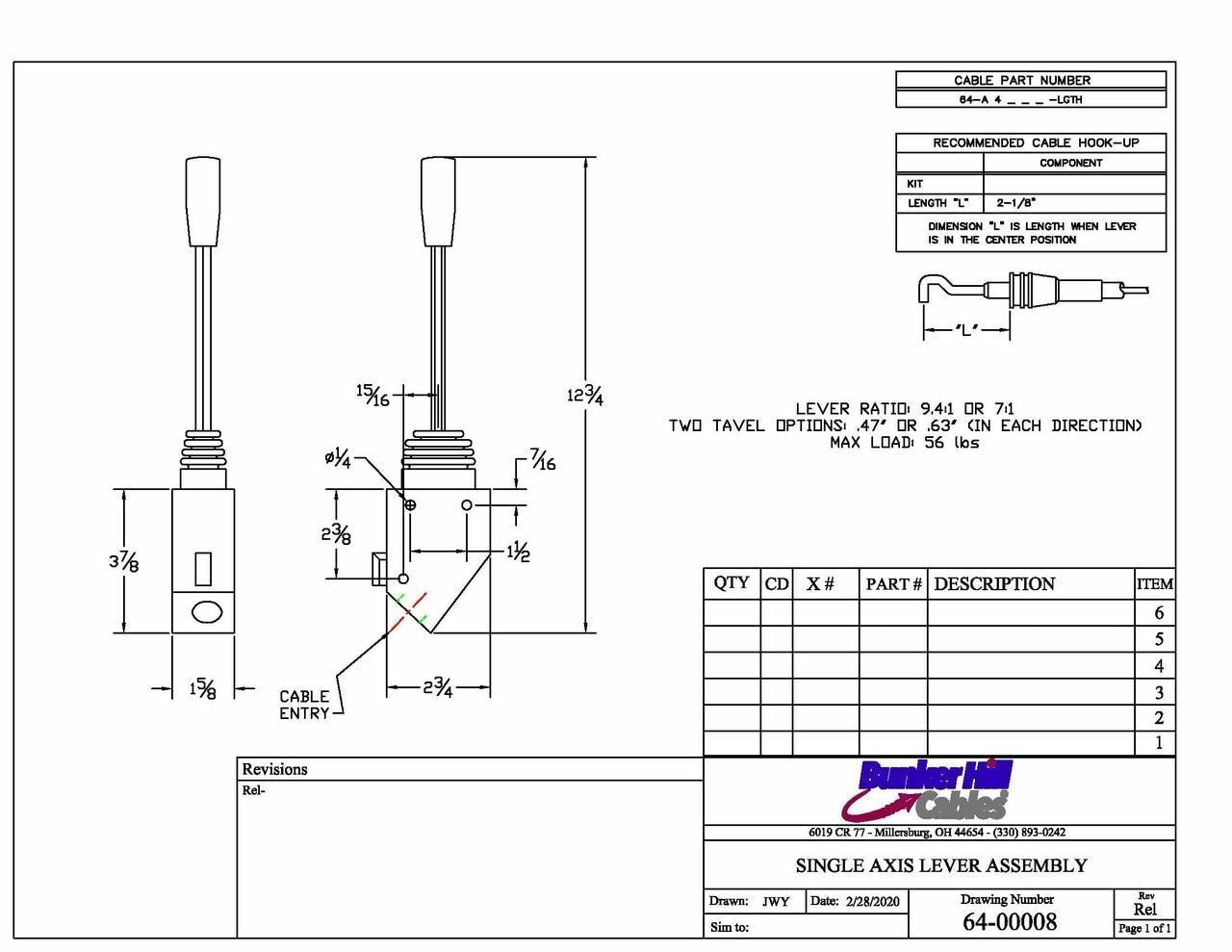 Cable Control Lever, For Remote Hydraulic Valves, Single Axis, Spring Centered,