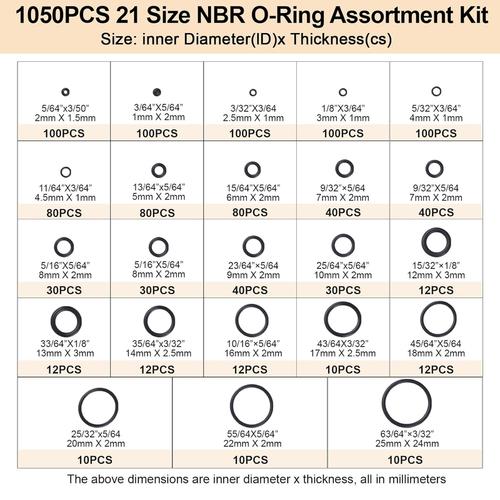 21 Size Rubber O Ring Set,1050 Pcs Black Small O Rings Assortment Kits,Assort...