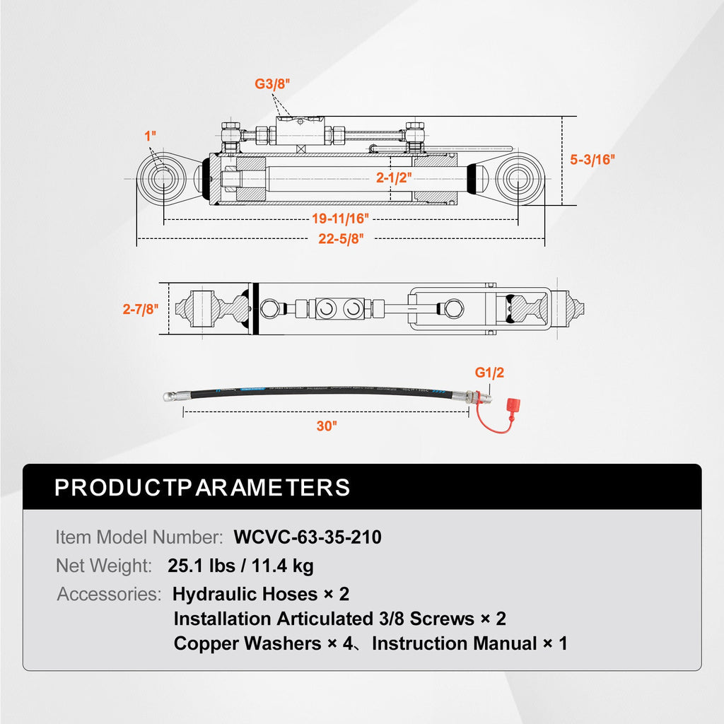 Hydraulic Top Link Cat.2-2 With Locking Block 19 11/16” - 28” with 2 x Hoses