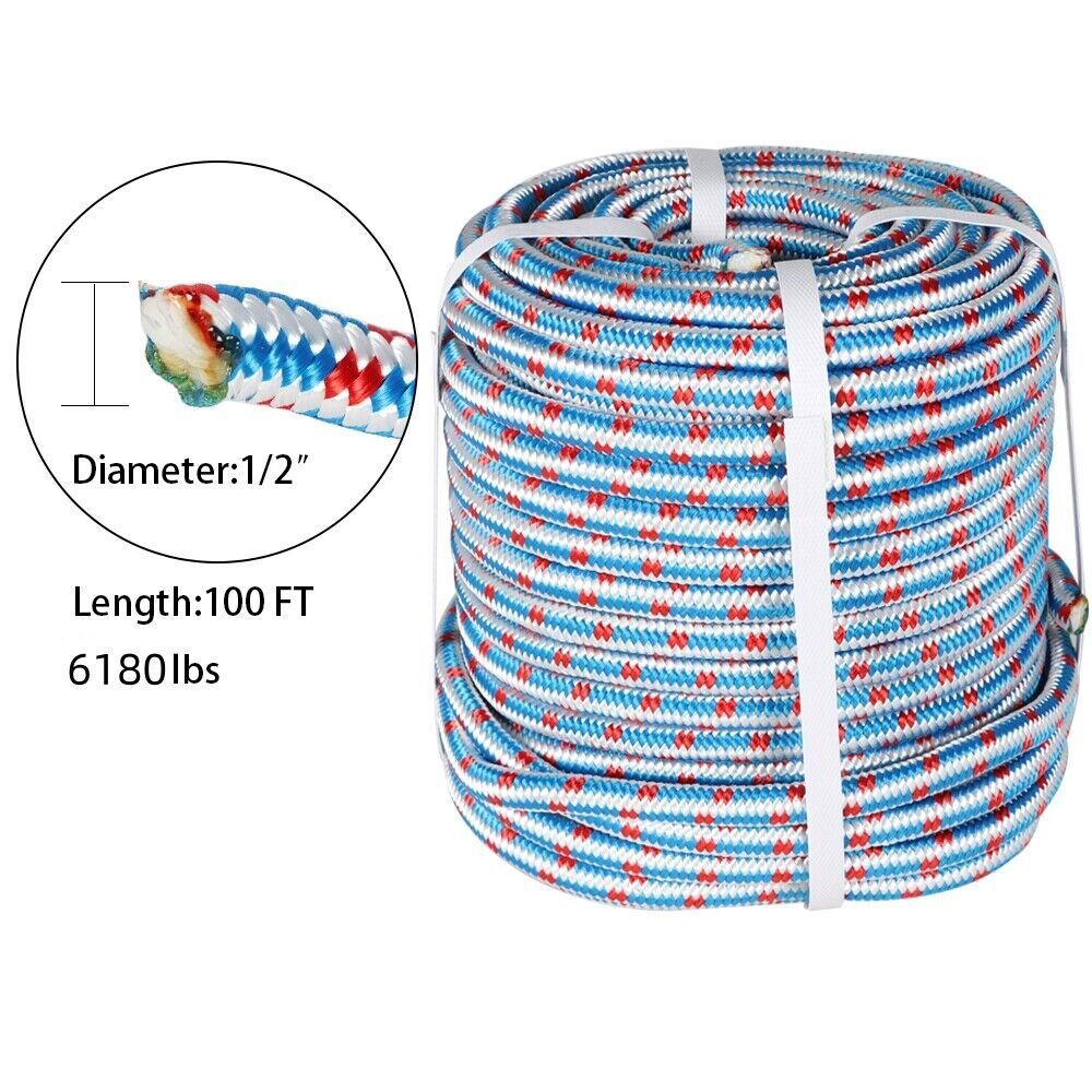 1/2" × 100' Arborist Tree Climbing Rope 16 Strand Braided Nylon Core Polyester