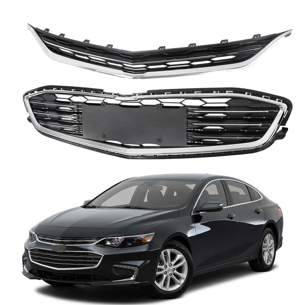 Front Bumper Upper Lower Grille For 2016-2018 Chevy Malibu Chrome&Black