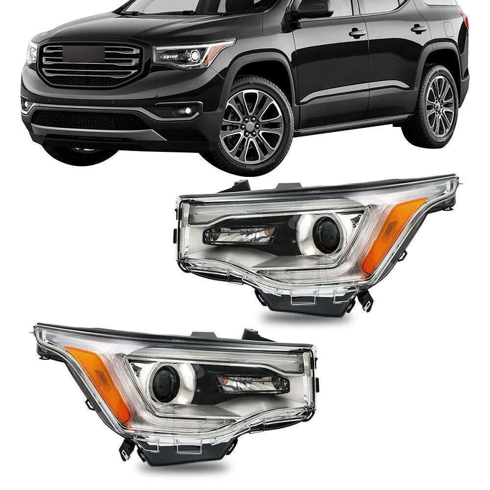 Right+Left Headlights ASSY For 2017-19 GMC Acadia SL w/o LED DRL Chrome