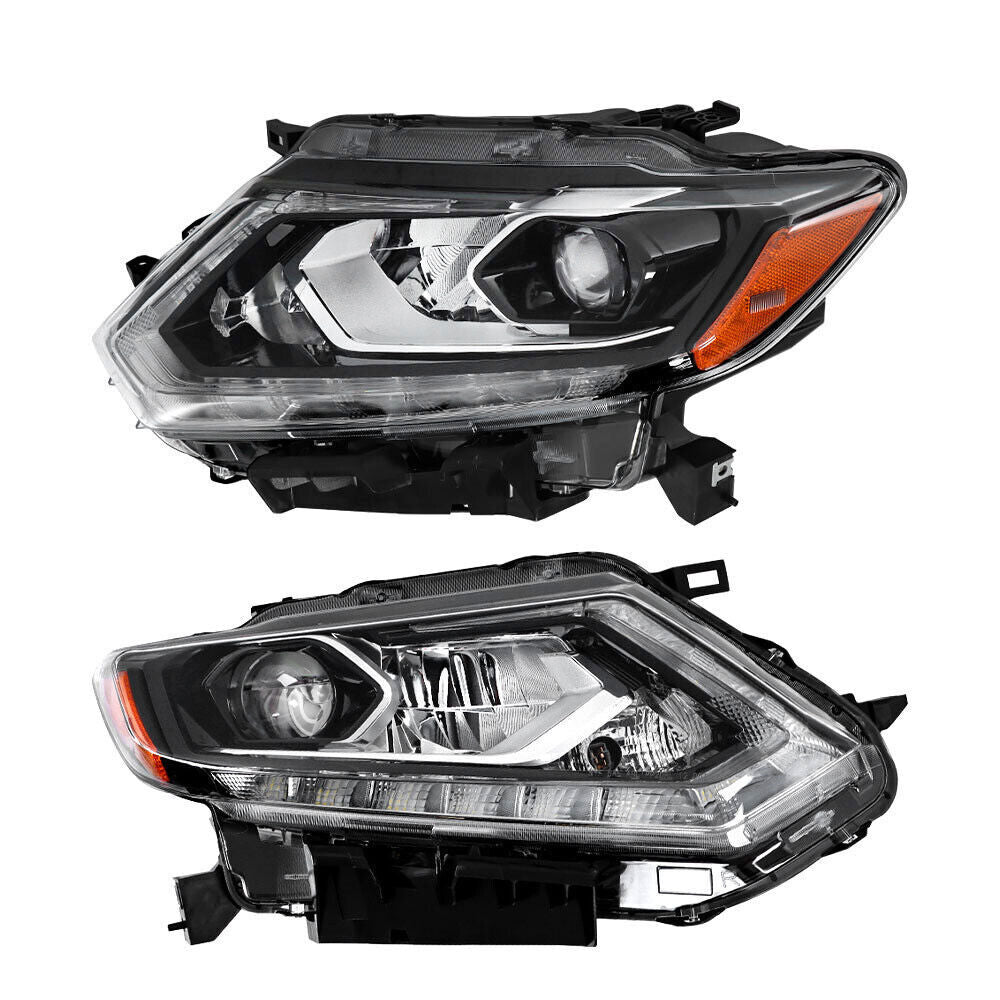 Right+Left Headlight For 2014-16 Nissan Rogue LED Chrome Clear Lens Pair