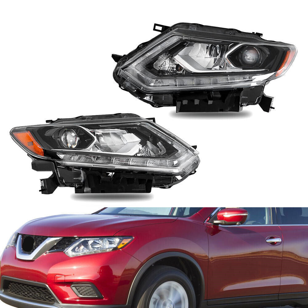 Right+Left Headlight For 2014-16 Nissan Rogue LED Chrome Clear Lens Pair