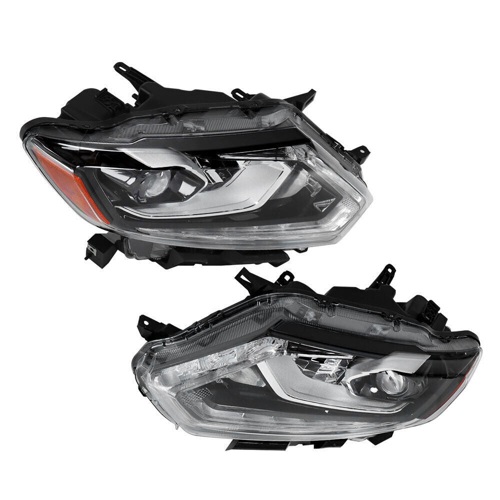 Right+Left Headlight For 2014-16 Nissan Rogue LED Chrome Clear Lens Pair