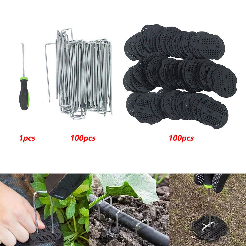 100 Pack Stainless Garden Stakes Landscape Staples Set with Mats& Precision Hook