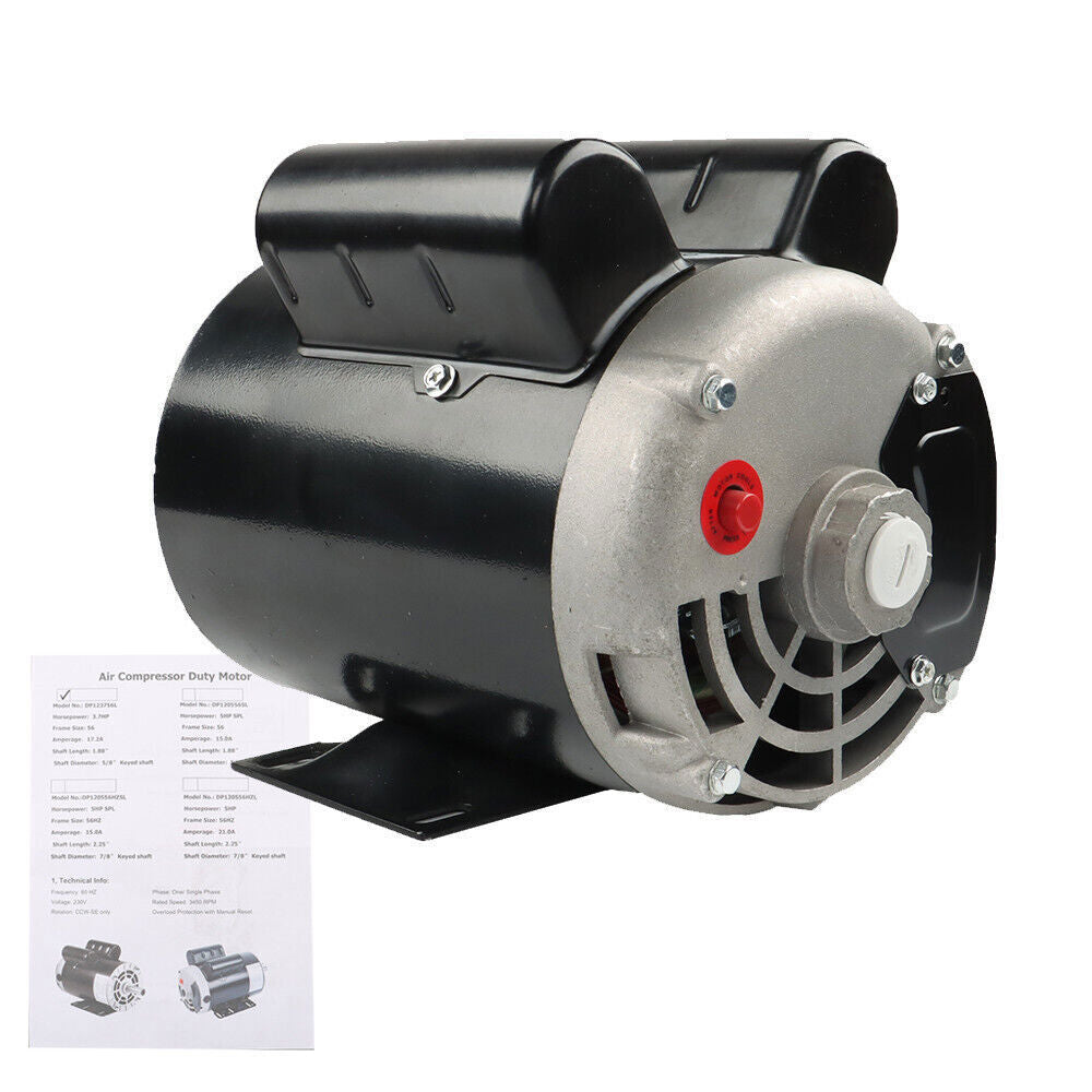 3.7HP 3450RPM Electric Motor Compressor Duty 56Frame 1 Phase 5/8" Shaft 230V New