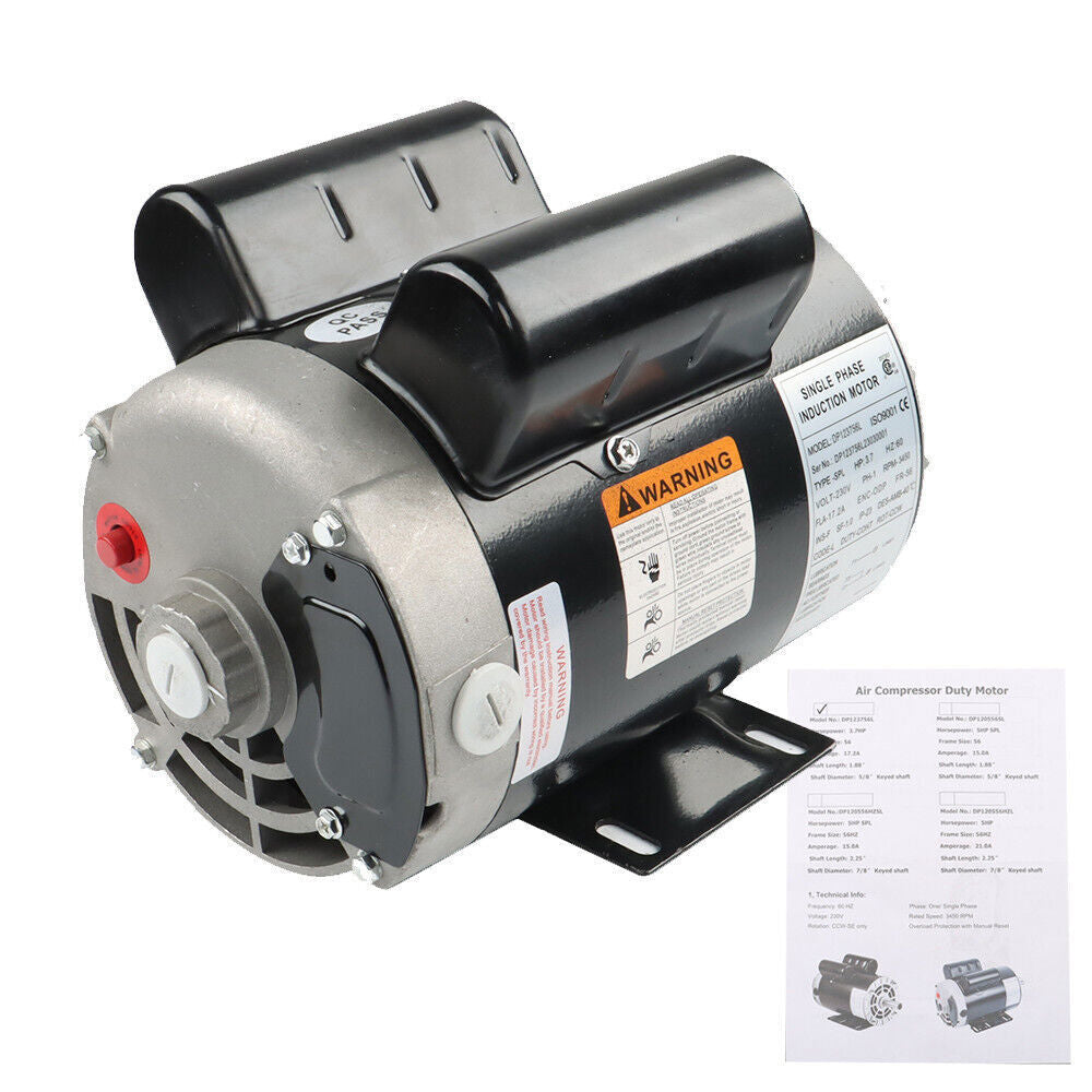 3.7HP 3450RPM Electric Motor Compressor Duty 56Frame 1 Phase 5/8" Shaft 230V New