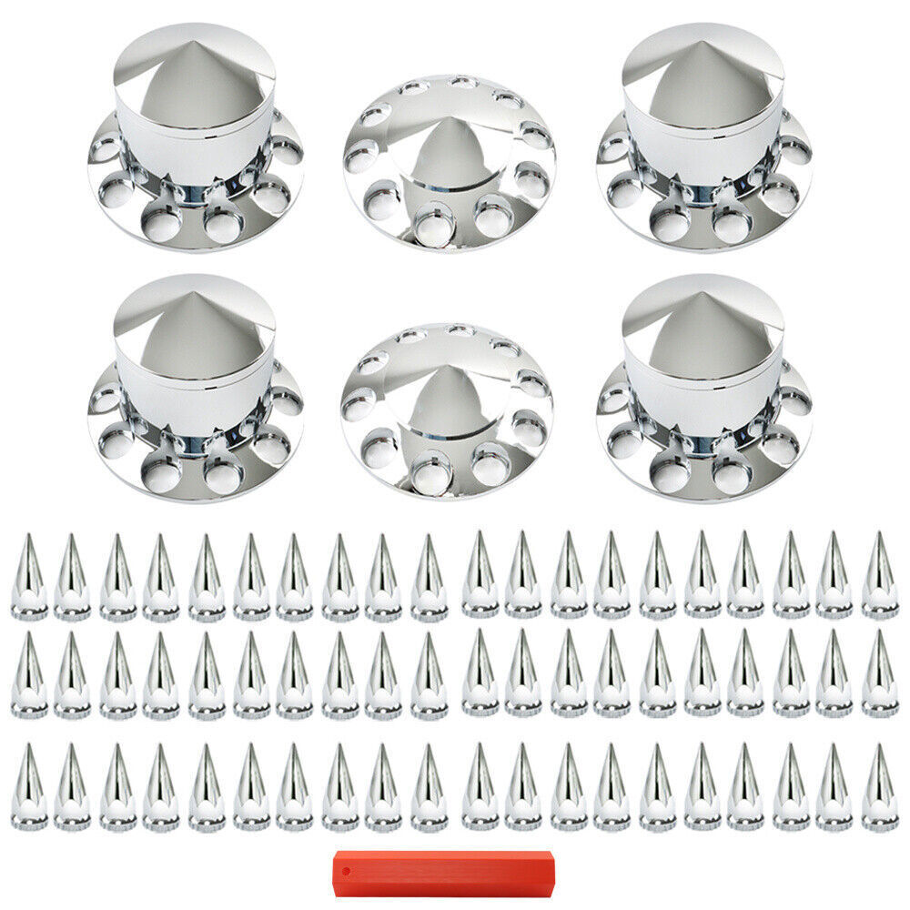 For Semi Truck Wheel Axle Covers Spiked Chrome Hub Cover Kit 33mm Front & Rear