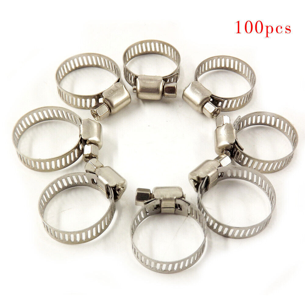 Adjustable 100 Pcs 3/4"-1"Stainless Steel Drive Hose Clamps Fuel Line Worm Clips