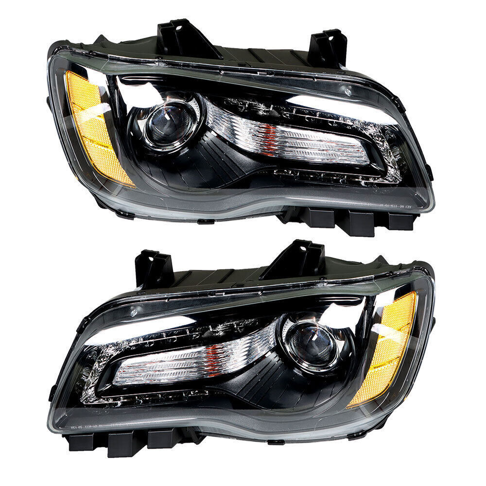 Right&Left Headlight For 2011-2014 Chrysler 300 Halogen Black Clear Lens