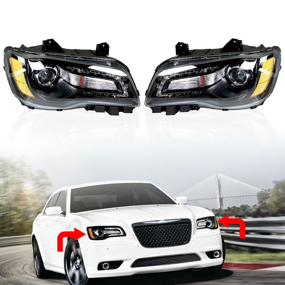 Right&Left Headlight For 2011-2014 Chrysler 300 Halogen Black Clear Lens