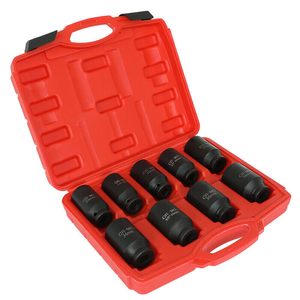 9Pcs Deep Impact Socket Set 1/2"Drive Metric Axle Hub Nut Socket 29-38mm