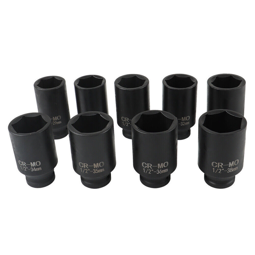 9Pcs Deep Impact Socket Set 1/2"Drive Metric Axle Hub Nut Socket 29-38mm