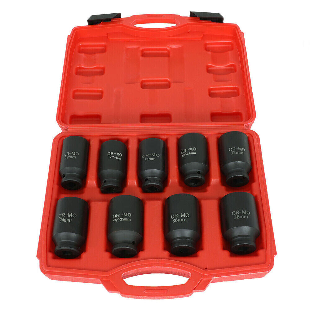 9Pcs Deep Impact Socket Set 1/2"Drive Metric Axle Hub Nut Socket 29-38mm