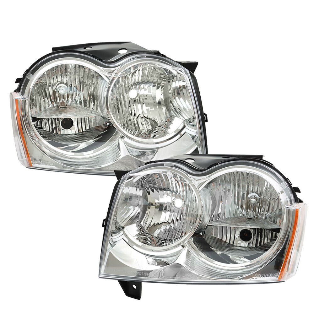 Left+Right Headlight For 2005-2007 Jeep Grand Cherokee Halogen Chrome