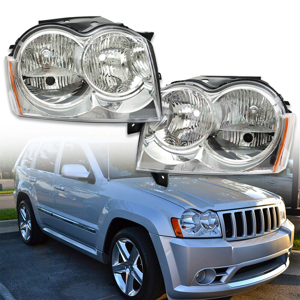 Left+Right Headlight For 2005-2007 Jeep Grand Cherokee Halogen Chrome