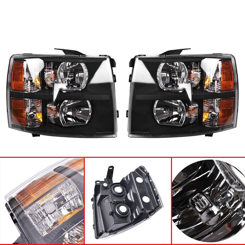 Pair Headlight Fit For 2007-2014 Chevy Silverado1500 2500HD 3500HD Black