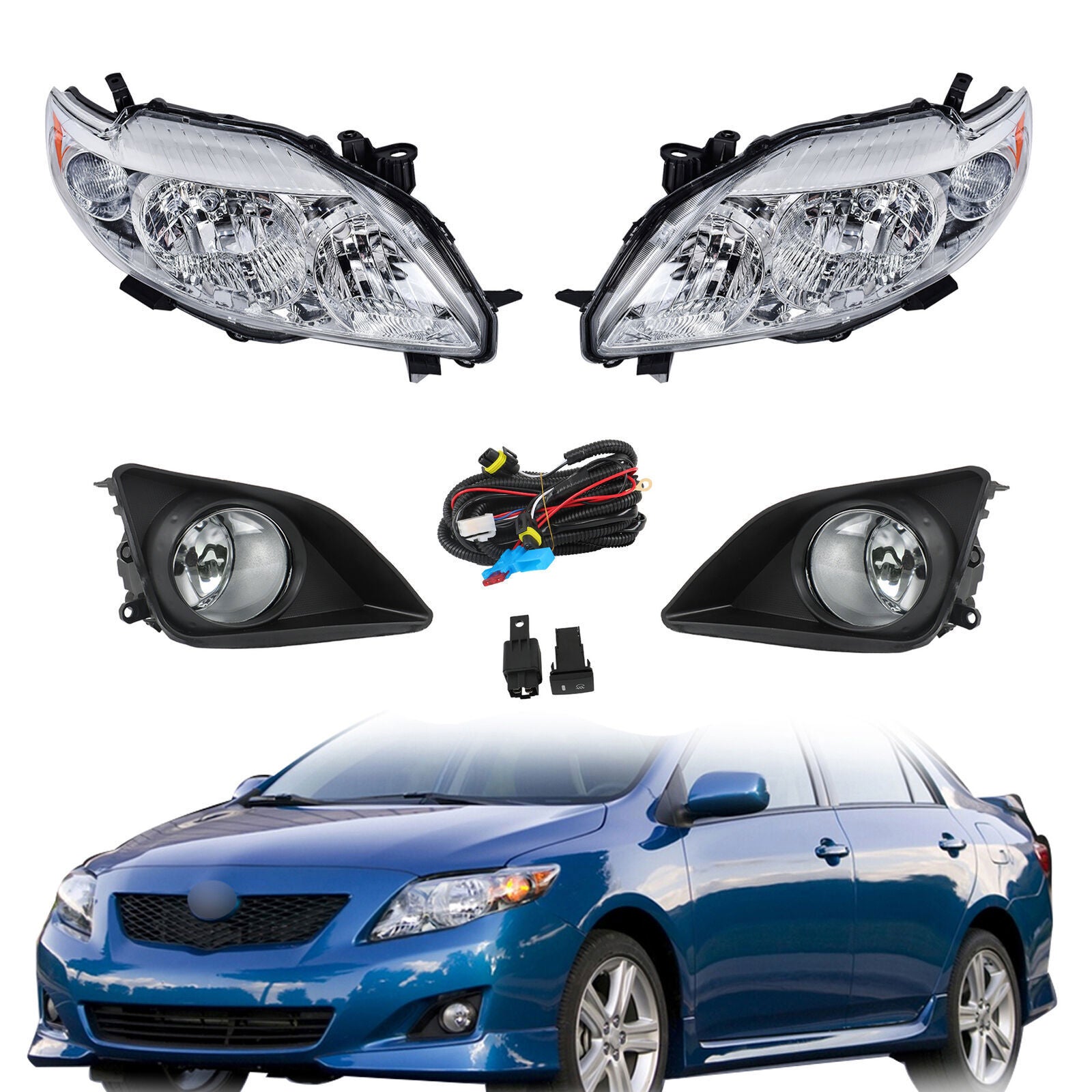 Pair Halogen Headlight Amber Corner&Fog Lights Kits For 2009-10 Corolla