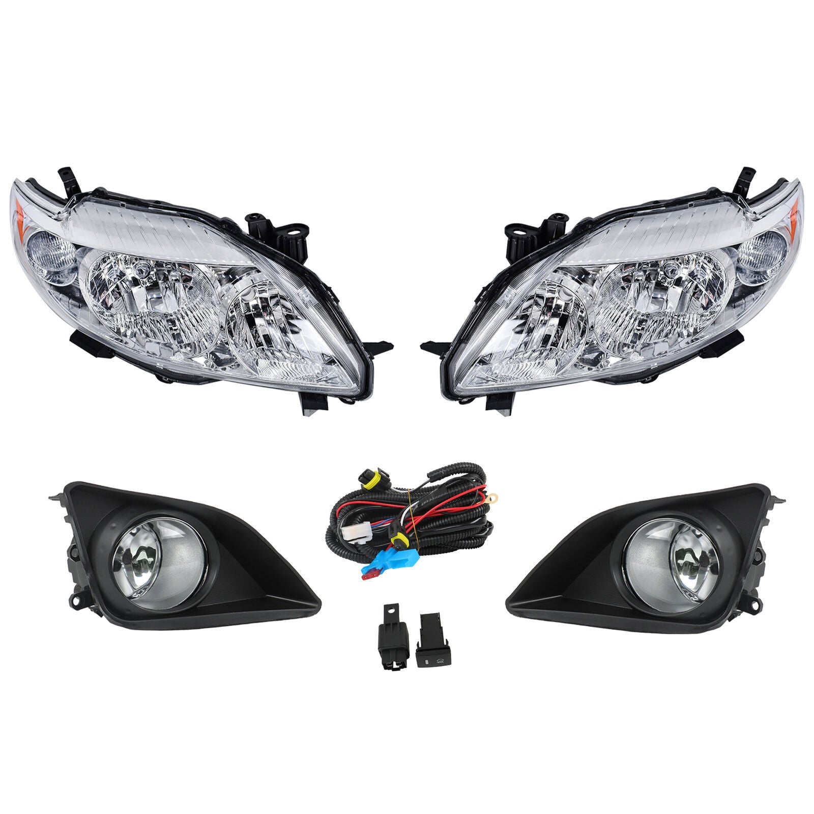 Pair Halogen Headlight Amber Corner&Fog Lights Kits For 2009-10 Corolla